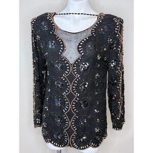 Vintage Oleg Cassini Black Silk Beaded & Sequined Long Sleeve Blouse Size M